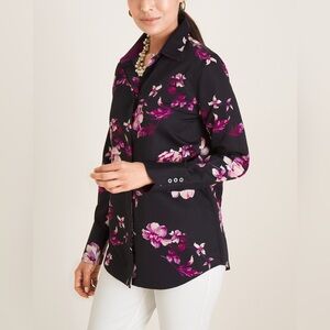 Chico’s Sateen Floral-Print Cotton Shirt Small Feminine Romantic Career Colorful